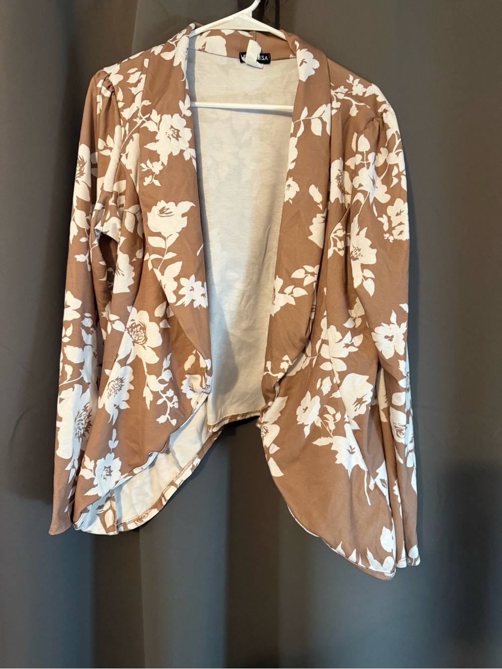 Heimish USA 1XL Floral Open Front Blazer Jacket Brown Cream Lightweight Draped